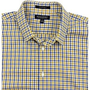 Banana Republic Untucked Slim Fit Shirt 100% Cotton Yellow Plaid Button Preppy L